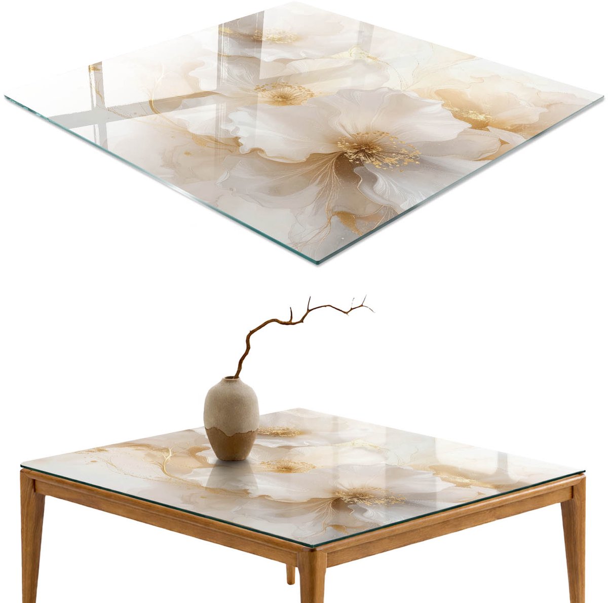 ArtPrintCave Elegante bloemen Glazen Tafelblad - 50x50 cm - Tafelblad Vierkanten - Romig Keukentafel - Bloemen en planten Bureaublad
