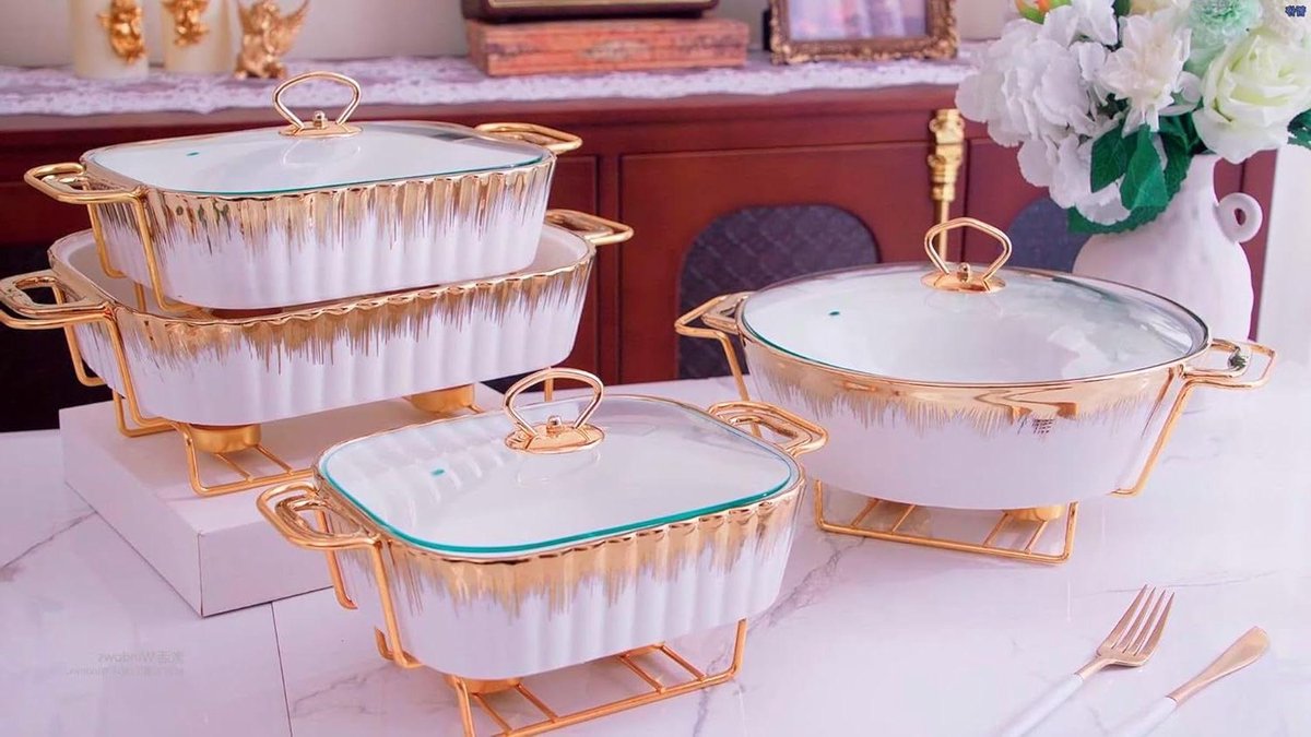 Keramische Warmhoudset - Buffet Serveer - Eten Warm Houden - Marmerlook Gouden Rand - 4 Delige Set - Wit Goud