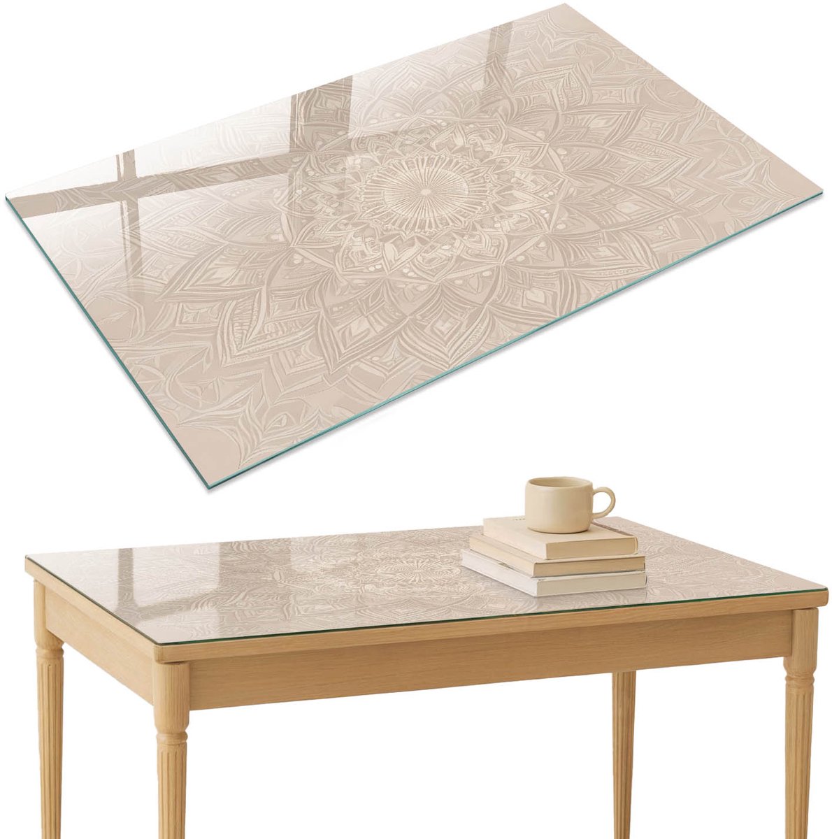 ArtPrintCave Beige mandala Glazen Tafelblad 120x80 cm - Tafelblad Rechthoek - Beige Keukentafel - Achtergronden en patronen Glazen Eettafel