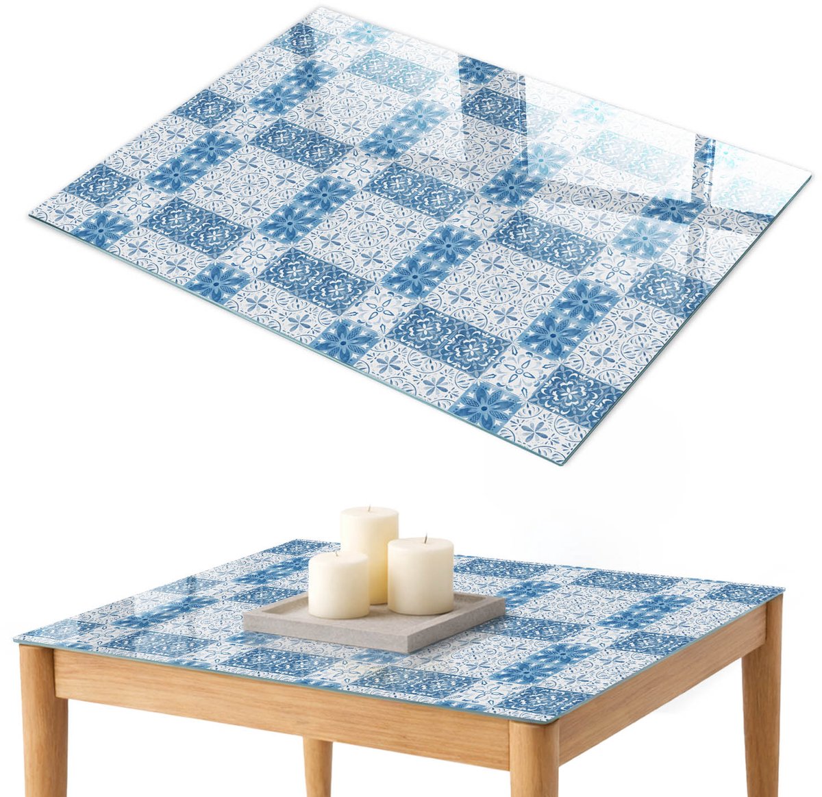 ArtPrintCave Mozaïekpatroon Glazen Tafelblad 100x70 cm - Tafelblad Rechthoek - Blauw Eettafel Met Glasplaat - Achtergronden en patronen Glazen Eettafel