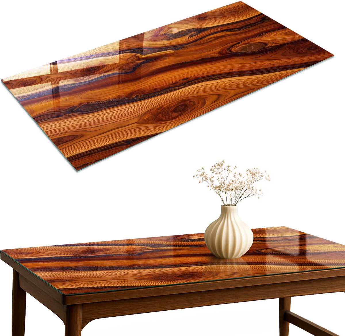 ArtPrintCave Houtnerf Glazen Tafelblad 140x70 cm - Tafelblad Rechthoek - Bruin Glasplaat - Natuur Terrastafel