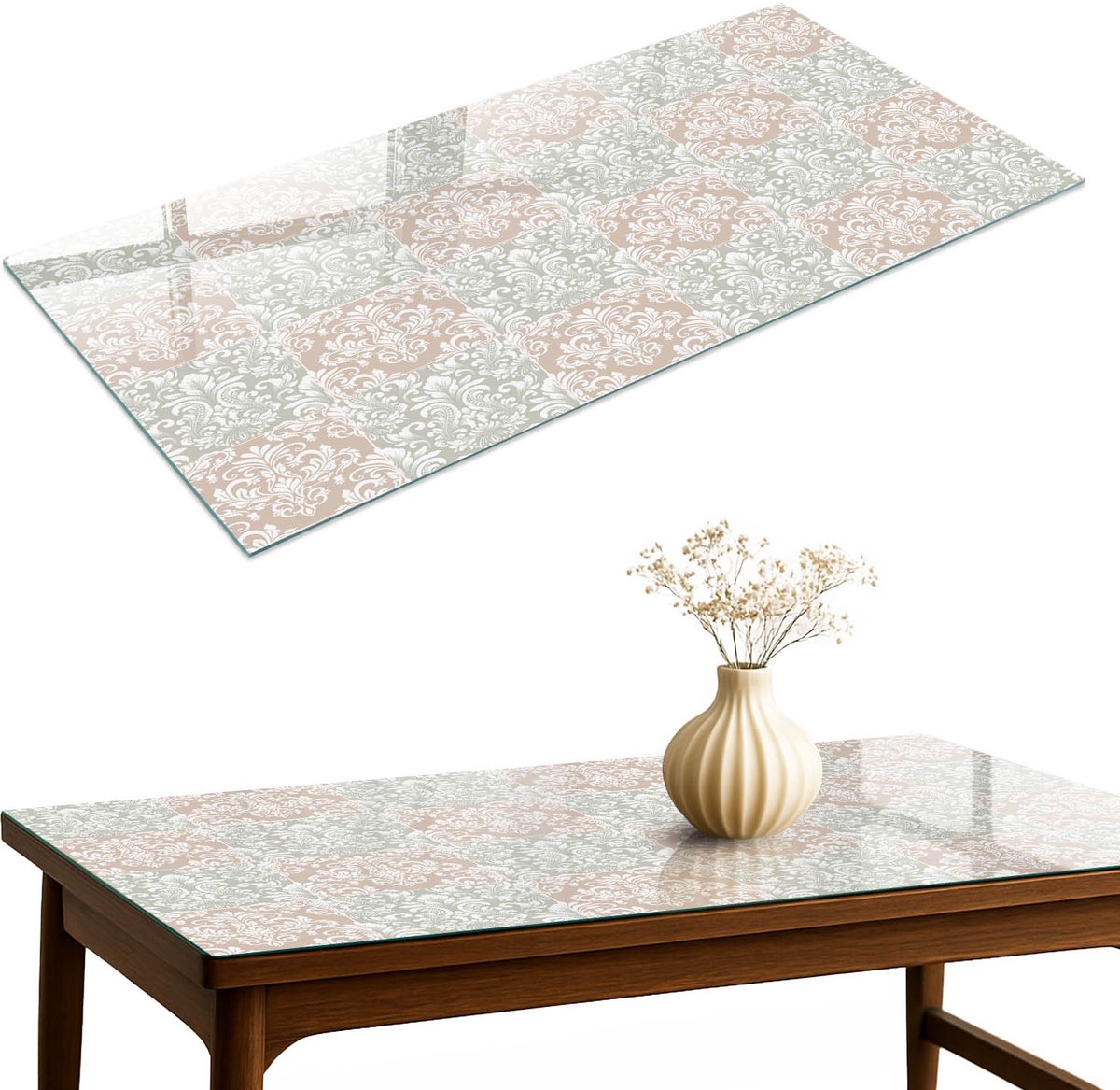 ArtPrintCave Klassiek ornament Glazen Tafelblad 140x70 cm - Tafelblad Rechthoek - Beige Keukentafel - Achtergronden en patronen Terrastafel