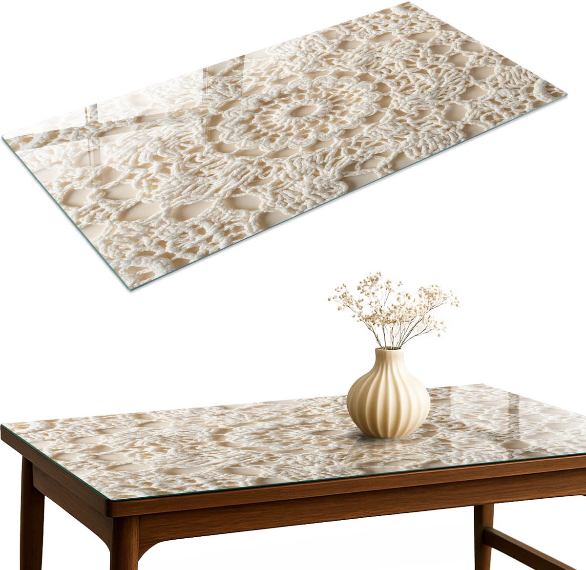 ArtPrintCave Kantstructuur Glazen Tafelblad 140x70 cm - Tafelblad Rechthoek - Romig Bureaublad - Texturen Glazen Eettafel