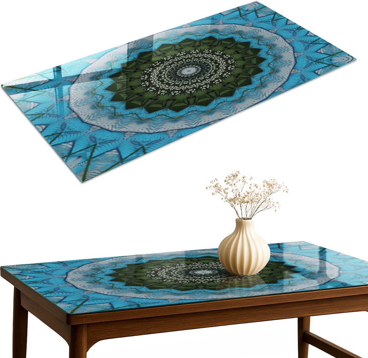 ArtPrintCave Natuurmandala Glazen Tafelblad 120x60 cm - Tafelblad Rechthoek - Blauw Tafelblad Glas - Abstractie Keukentafel