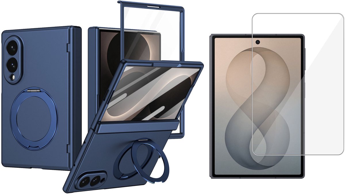 Hoesje met Ringhouder + Screenprotector geschikt voor Samsung Galaxy Z Fold 8 – Geschikt voor MagSafe – Draaibare Kickstand – Draadloos Opladen – Blauw