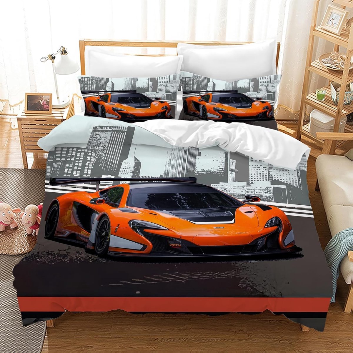 Racing Auto Dekbedovertrek 135 x 200 cm voor Jongens, Inclusief 2 Kussenslopen 50 x 75 cm, Microfiber Bedlinnen voor een Avontuurlijke Slaapervaring