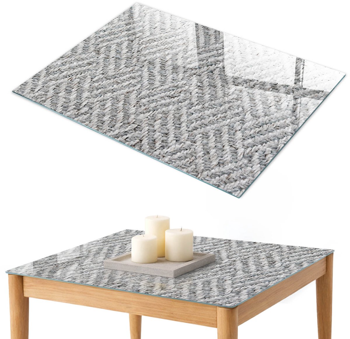 ArtPrintCave Grijze visgraat Glazen Tafelblad 100x70 cm - Tafelblad Rechthoek - Grijs Glasplaat - Teksten Eettafel Met Glasplaat