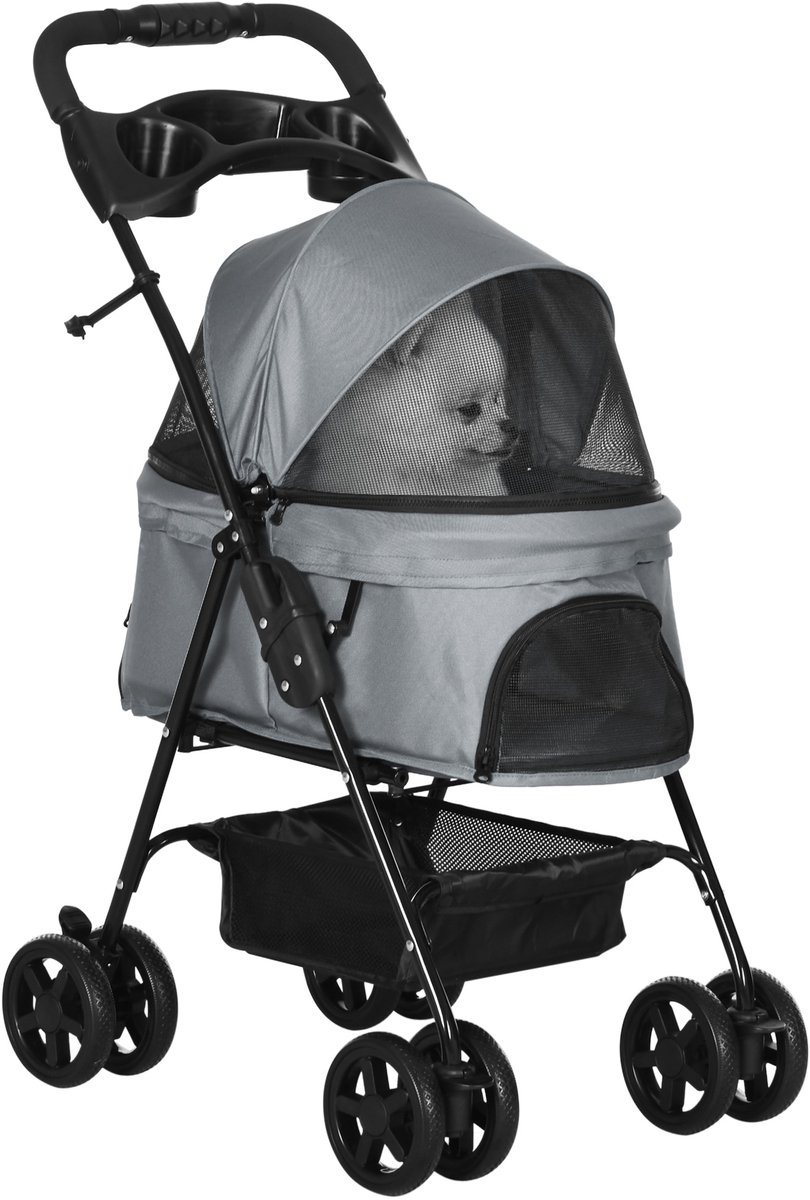 Hondenbuggy inklapbare Hondenkar - 4 wielen met remmen - waterdichte 300D Oxford-stof - inclusief opbergmand - grijs
