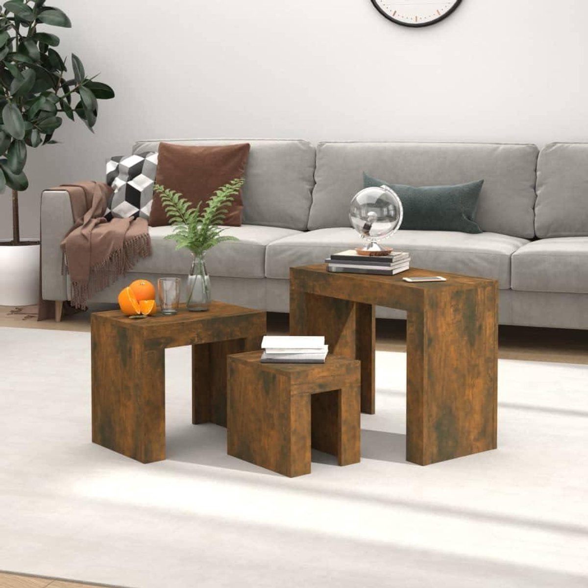 Koffietafels 3 stuks - Bijzettafels Nesttafels - Woonkamer Inrichten - Stapelbaar - Grootste 61cm - Eiken gerookt