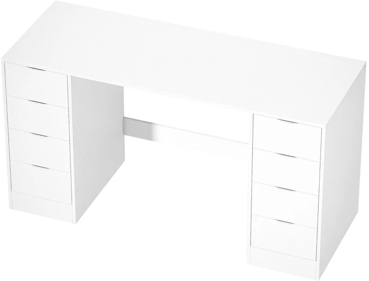 Bureau met 8 Lades - Modern Kantoortafel met Opbergruimte - Computerbureau - Werktafel - Computer Tafel - Bureautafel - Desk - Game Bureau - 140 x 53 x 75 cm - Wit Houtlook