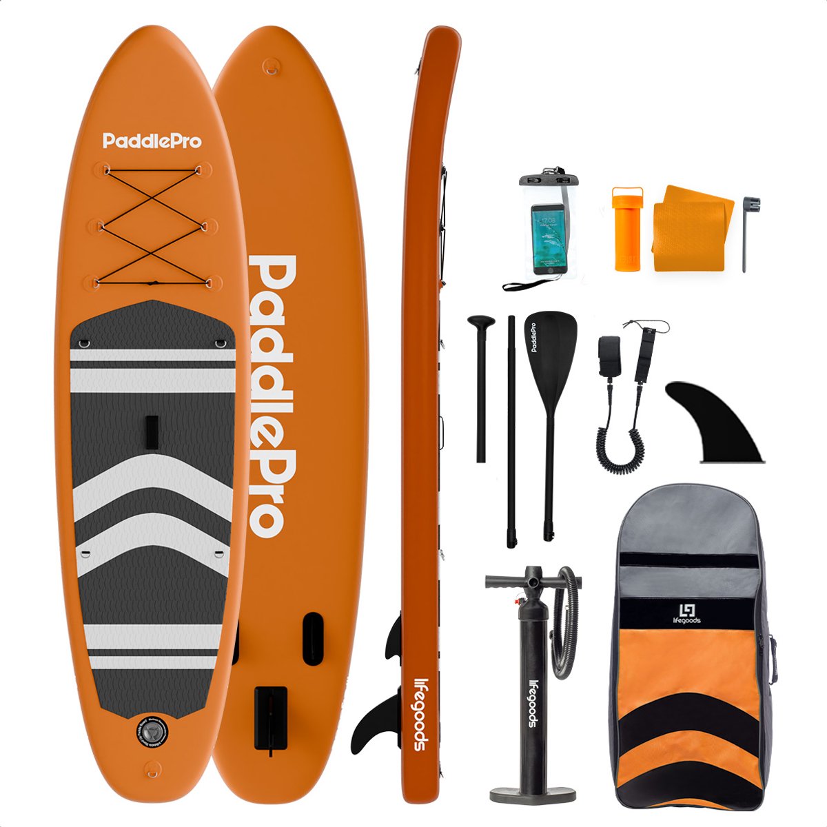 Bol.com LifeGoods PaddlePro SUP Board - Opblaasbaar Paddle Board - Complete Set - Max. 150KG - 320x81cm - Oranje aanbieding