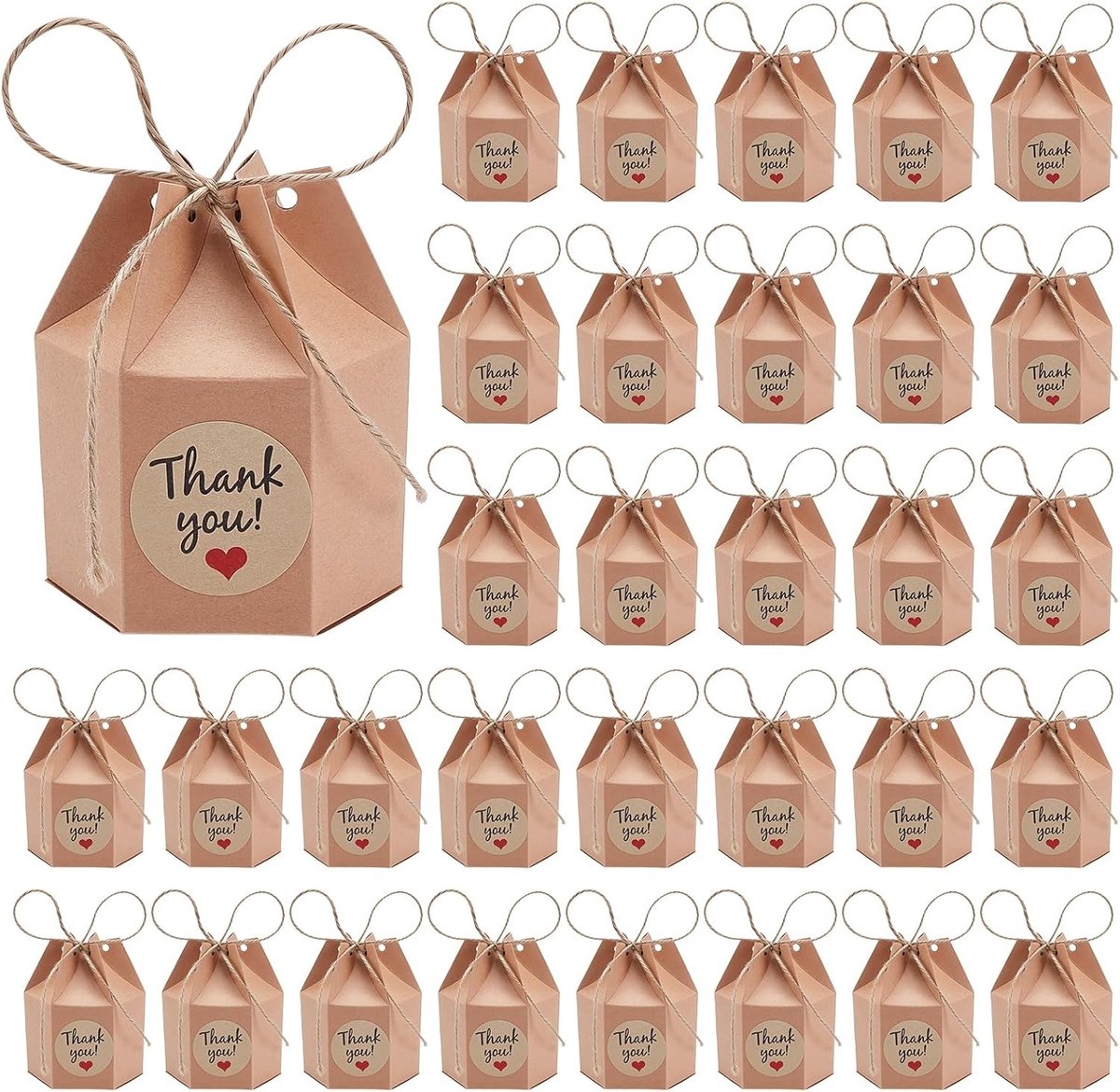 Zeshoekige kraftpapier geschenkdozen met koord en stickers, mini-dozen voor snoep, chocolade en cadeaus, 6,8 x 9,5 cm, perfect voor verjaardag en bruiloft