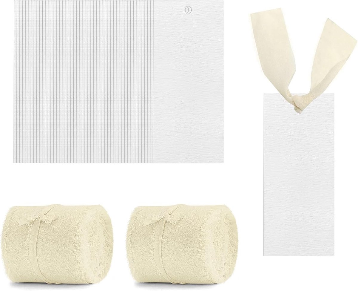 Set van 50 lege naamkaartjes voor bruiloften, dinerfeesten en buffetten met 2 rollen chiffonlint, reserveringsborden en cadeau-tags in beige