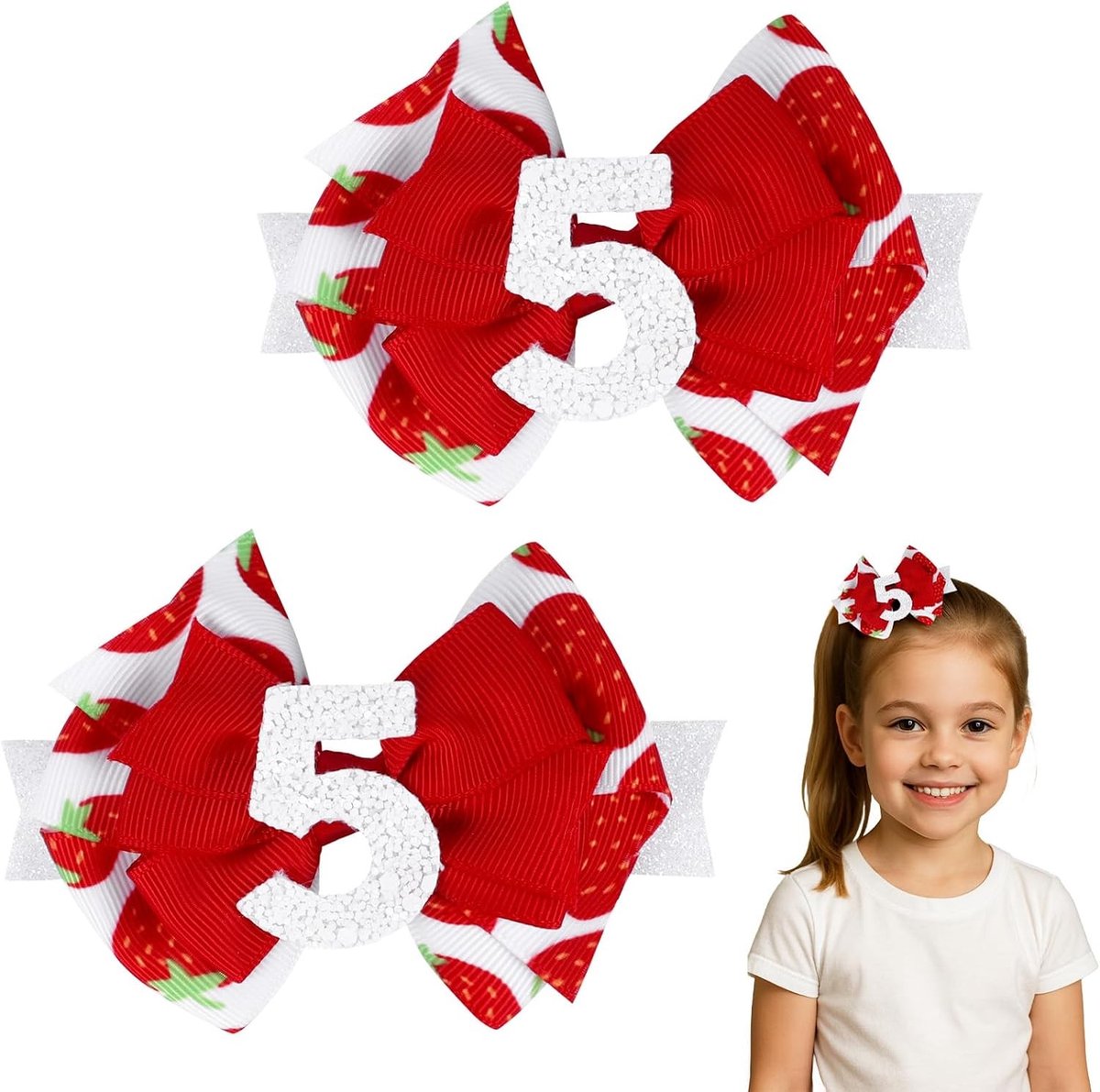 Verjaardagshaarstrikken voor Meisjes - 2-Pack in Aardbeiroze en Blauw met Sprankelende Cijfers voor Leeftijd 1-6, Cake Smash Fotoprops en Feestaccessoires