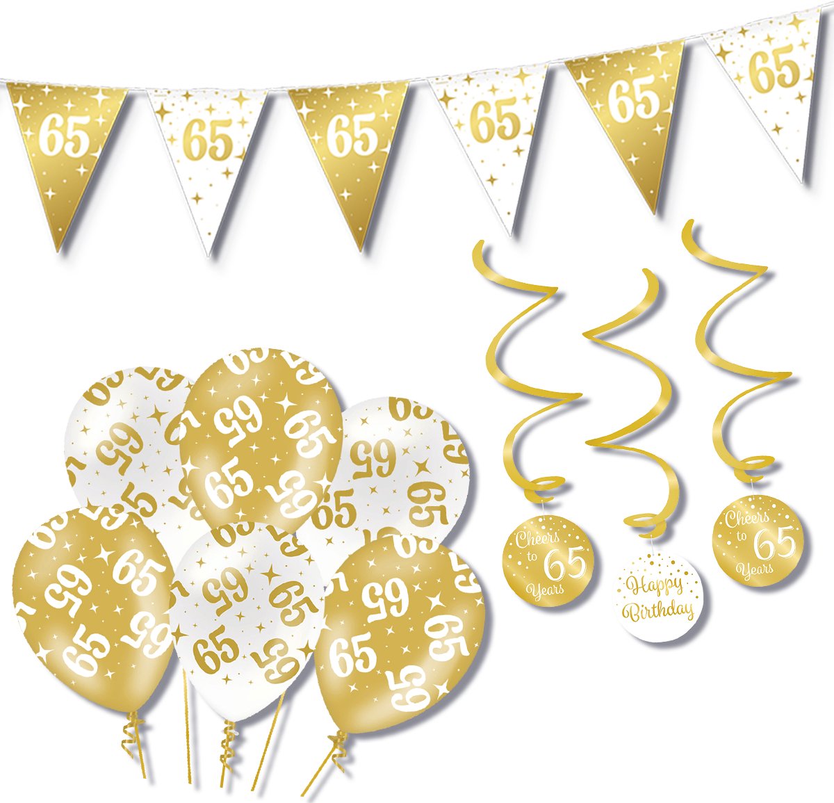 BTH – Verjaardag 65 Jaar – Wit-Goud – Verjaardag Set – Ballonnen-Swirls-Vlaggenlijn – Alles-in-1 – Decoratie Pakket