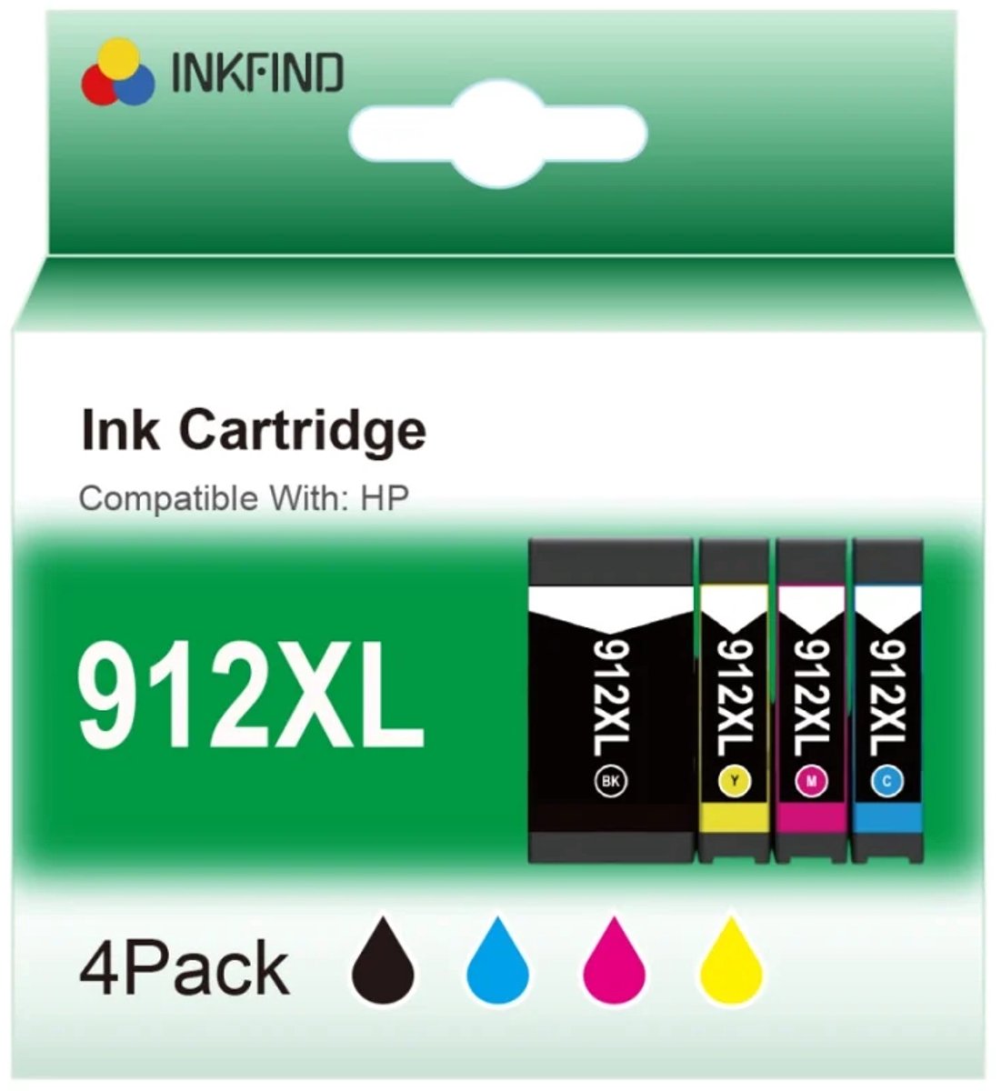 INKFIND 912XL Inktcartridge voor HP912 HP 912 HP912XL HP 912XL HP 912X HP912X 3YL84AE 3YL81AE 3YL82AE 3YL83AE inktcartridge multipack 3YP34AE 4 stuks (1 x Zwart, Cyaan, Magenta, Geel) voor HP OfficeJet Pro 8010 8012 8014 8015 8020 8022 8023 8024 8025