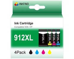 INKFIND 912XL Inktcartridge voor HP912 HP 912 HP912XL HP 912XL HP 912X HP912X 3YL84AE 3YL81AE 3YL82AE 3YL83AE inktcartridge multipack 3YP34AE 4 stuks (1 x Zwart, Cyaan, Magenta, Geel) voor HP OfficeJet Pro 8010 8012 8014 8015 8020 8022 8023 8024 8025