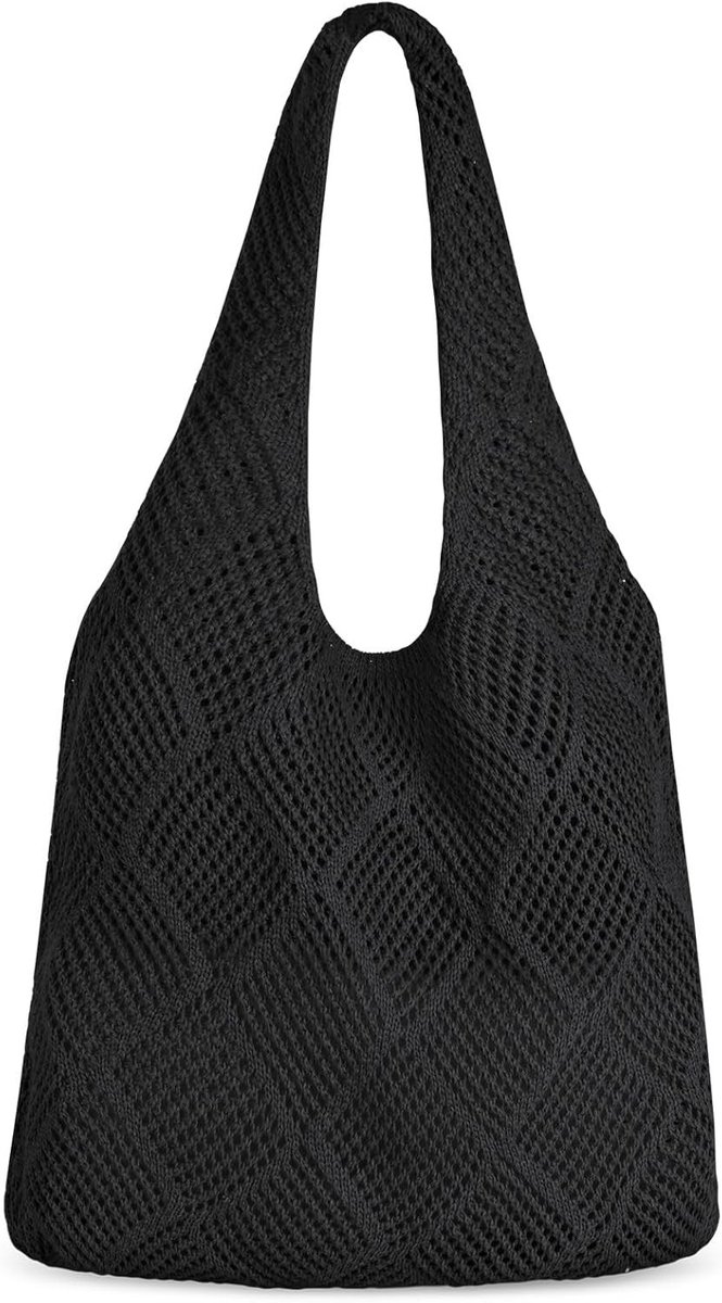 Thijox - Gehaakte Strandtas Dames - Zwarte Mesh Schoudertas voor Zomer, Vakantie en Reizen - Grote Handtas 39x33x11cm