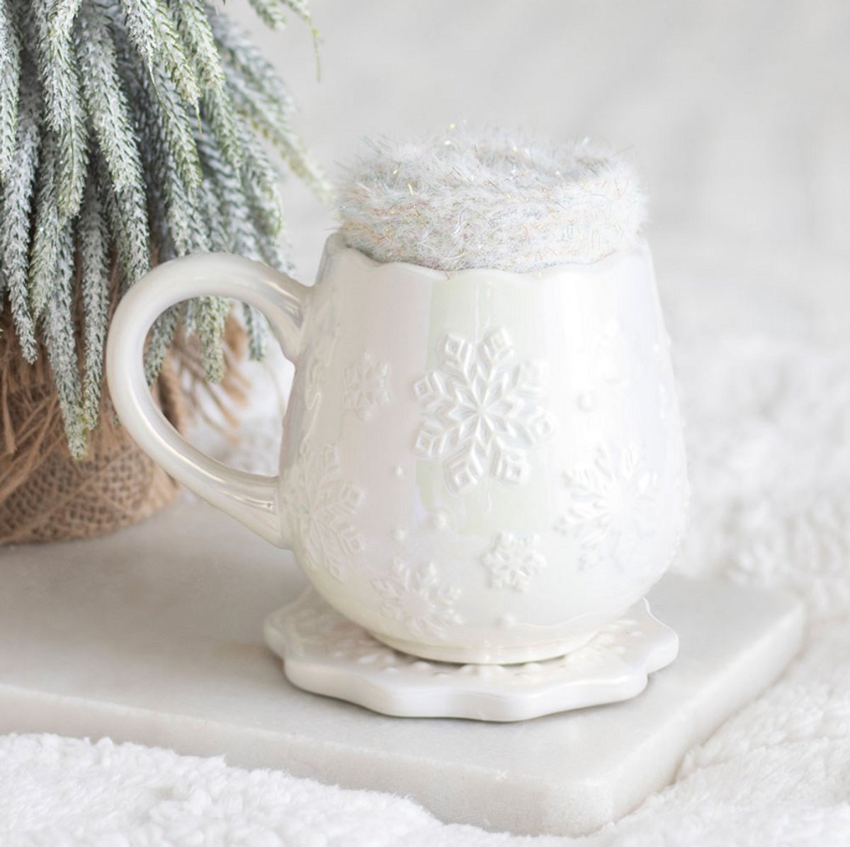 Something Different - Iridescent snowflake mug, coaster & socks set