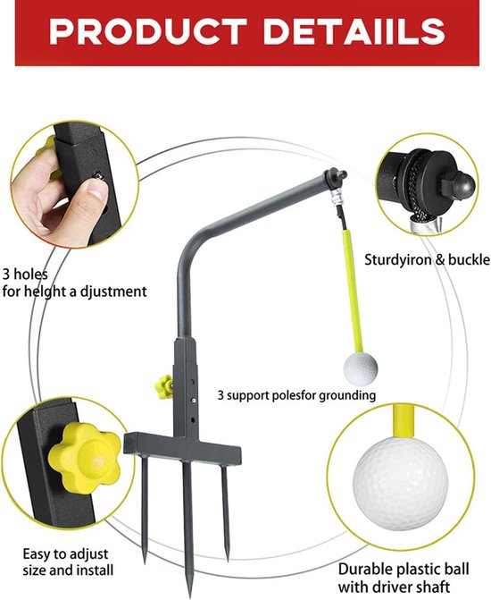 Swingtrainer - Golf Oefenmateriaal - Golf Swing Verbeteren - Automatische Bal Retour - Verstelbare Hoogte - Geel — afbeelding 3