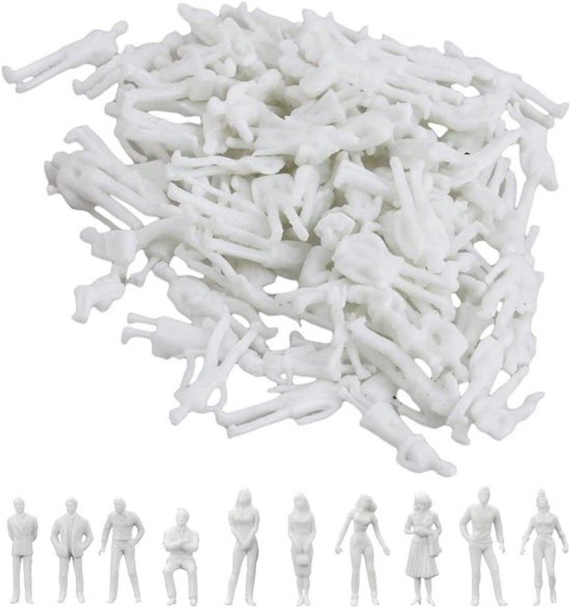 Ongeverfde modelfiguren in plastic - 100 stuks voor miniatuurscènes, schaal 1:100, zittend en staand, perfect voor diorama's en modelbouw