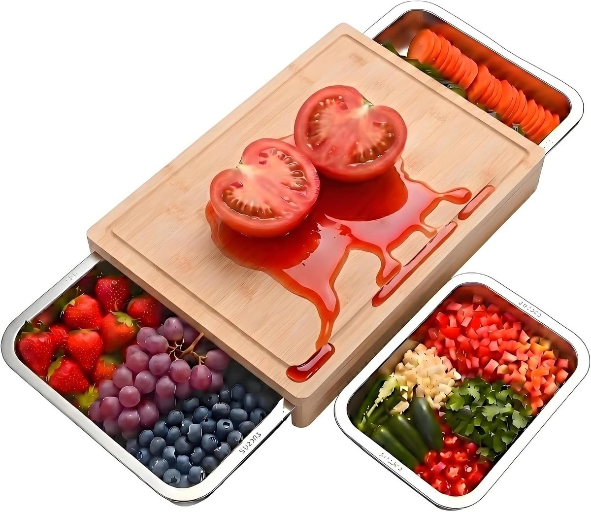 Snijplankenset met houder - Bamboe - 40 x 28,5 cm - Met 3 Roestvrijstalen Opvangbakken - Voor Keukengebruik