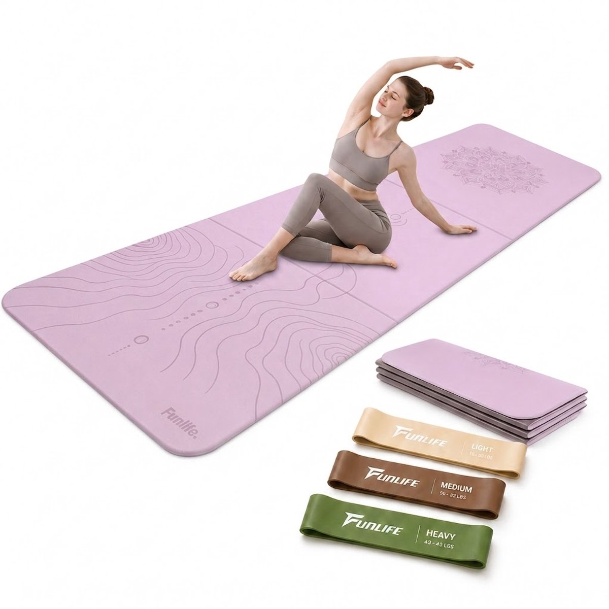 FunLife Opvouwbare Yogamat Set met 3 Weerstandsbanden – Fitnessmat 190 x 66 x 1 cm – Dikke Sportmat voor Yoga en Pilates – Paars Mandala