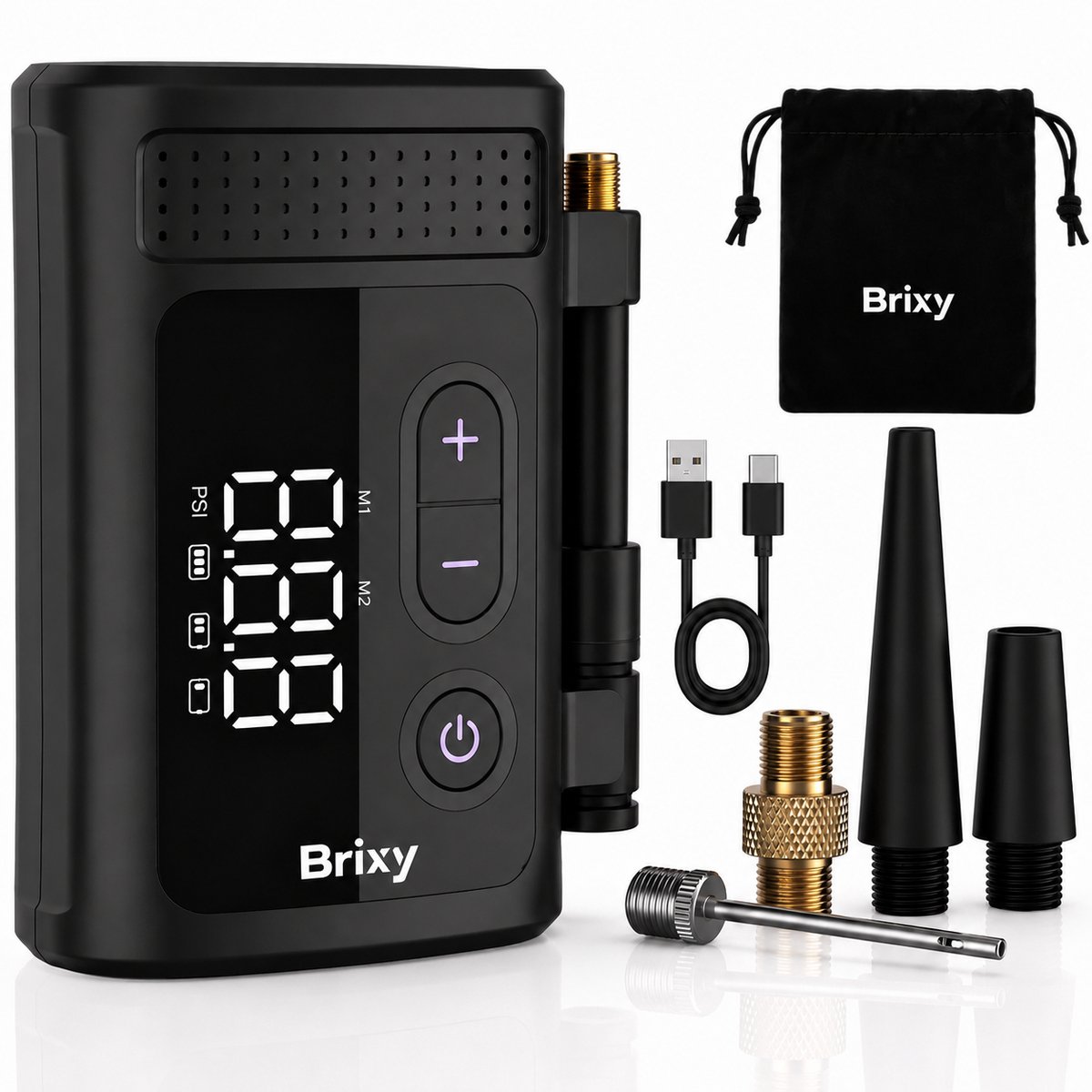 Brixy Elektrische Fietspomp XS - 128 Gram - Draagbaar - Tot 10.34 Bar - Mini Luchtcompressor - Oplaadbaar - Fiets, E-Bike, Scooter & Motor - Zwart