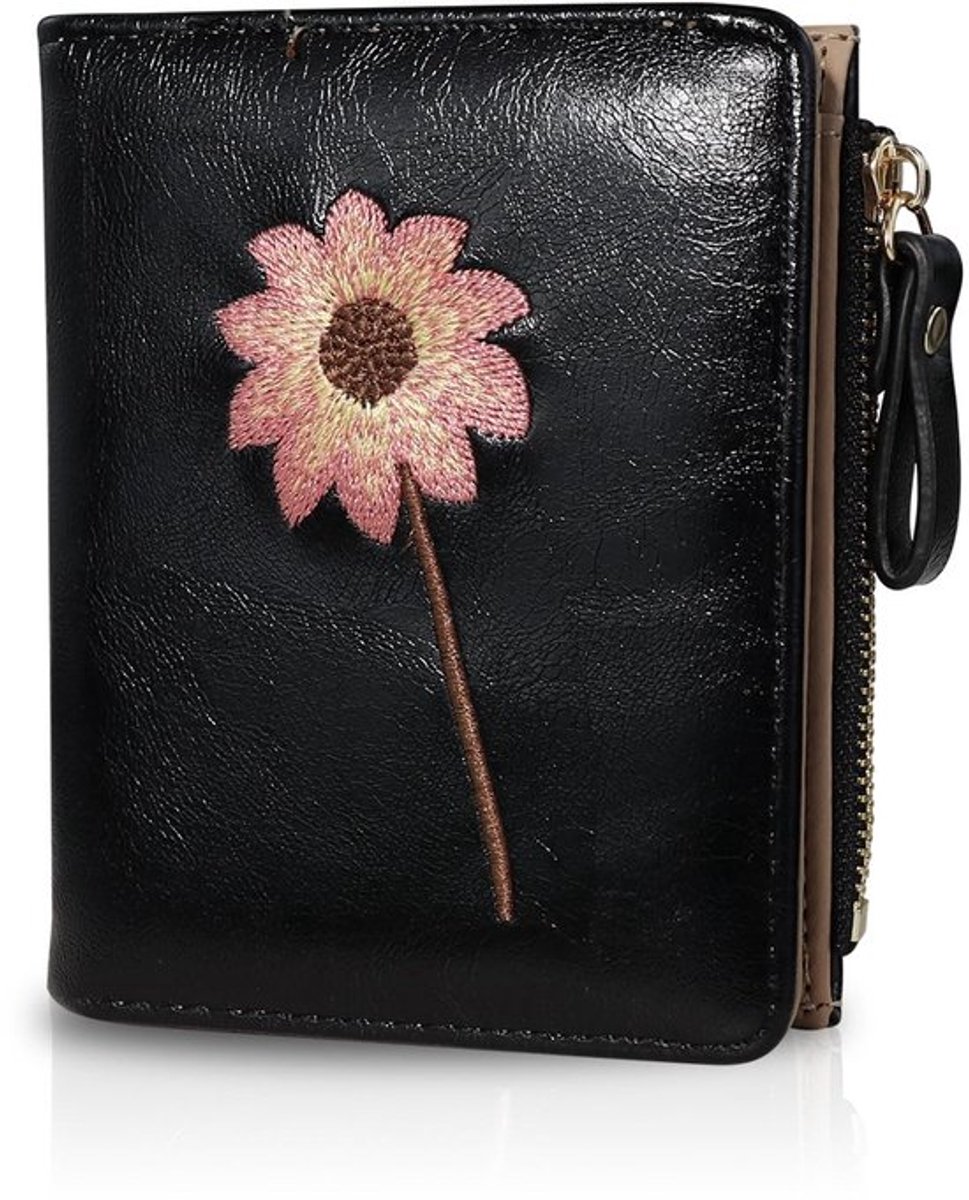 Damesportemonnee klein - 6 Kaartsleuven - ID-venster - Ritssluiting/Snap - Bloemenborduurwerk - PU-leer 9,5 x 11,8 x 1,5 cm - Portemonnee