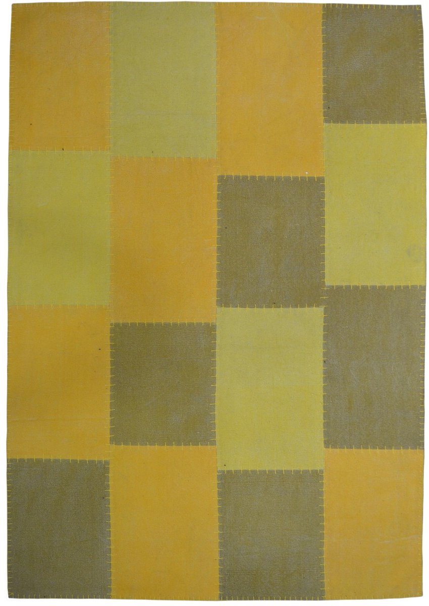 Padiro laagpolig vloerkleed 160 x 230 cm - geel - patchwork design - met grote rechthoekige vlakken en vintage uitstraling - geschikt voor vloerverwarming - van katoen