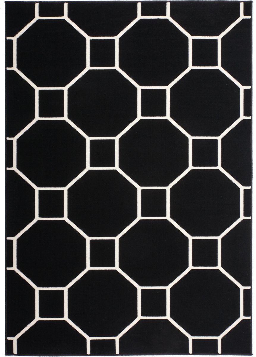 Padiro laagpolig vloerkleed 160 x 230 cm - zwart / crème / off-white - modern geometrisch patroon - geschikt voor vloerverwarming - van polypropyleen