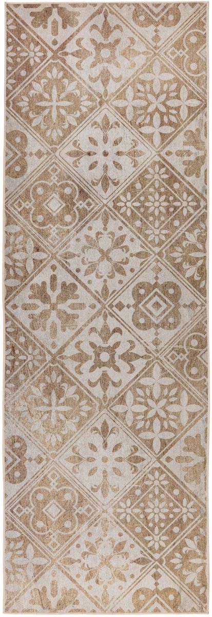 Padiro laagpolig vloerkleed 60 x 180 cm - beige - grafisch tekstdesign - geschikt voor vloerverwarming - van polyester