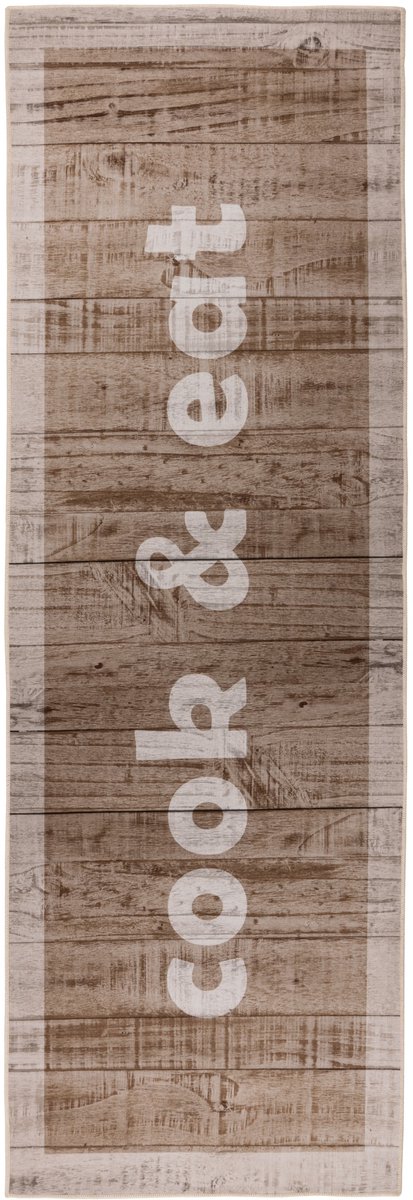 Padiro laagpolig vloerkleed 60 x 180 cm - beige - grafisch tekstdesign - geschikt voor vloerverwarming - van polyester