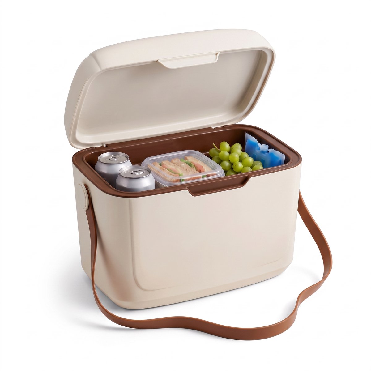 Cheqo® Koelbox 12 Liter - Kleine Koelbox met Schouderband - Draagbare Koelbox zonder Stroom - Passieve Koelbox en Koelkist voor Camping - Koelbox voor Strand en Picknick - Koelbox voor Festival en Auto - Frigobox - Retro Koelbox Taupe