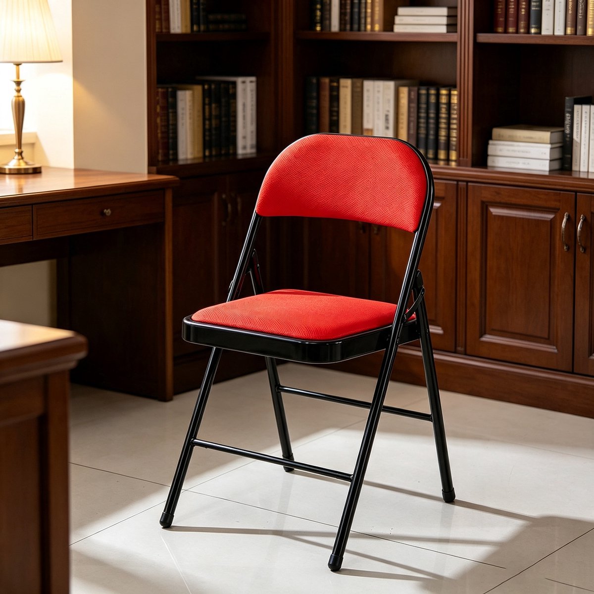 Opklapbare stoel met rood zacht mesh zitkussen – Ergonomische opklapbare stoel met zwart stalen frame draagvermogen 150 kg geschikt voor thuis op kantoor en bij evenementen 47x45x79 cm
