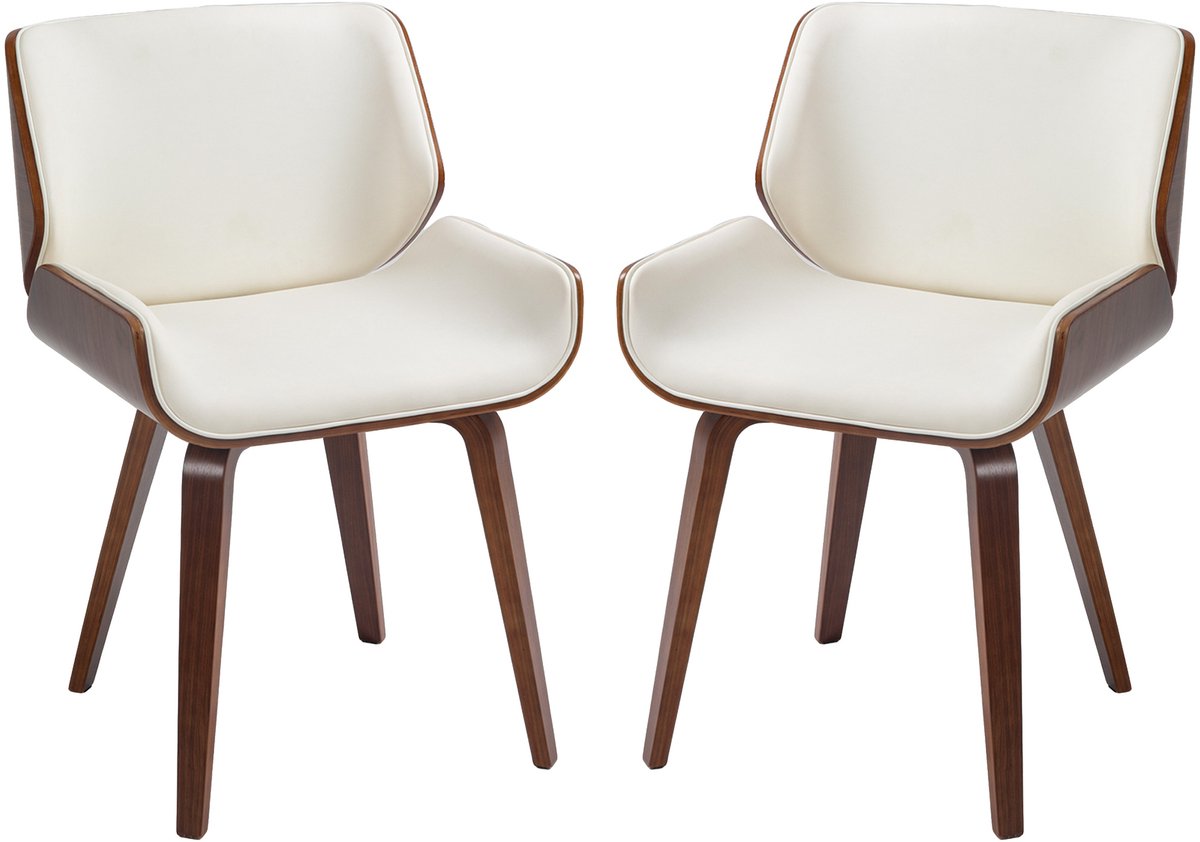 Set van 2 eetkamerstoelen, vintage stijl, houten poten, wit en bruin | Designstoel, zitting met synthetische coating, 54 x 53 x 81 cm