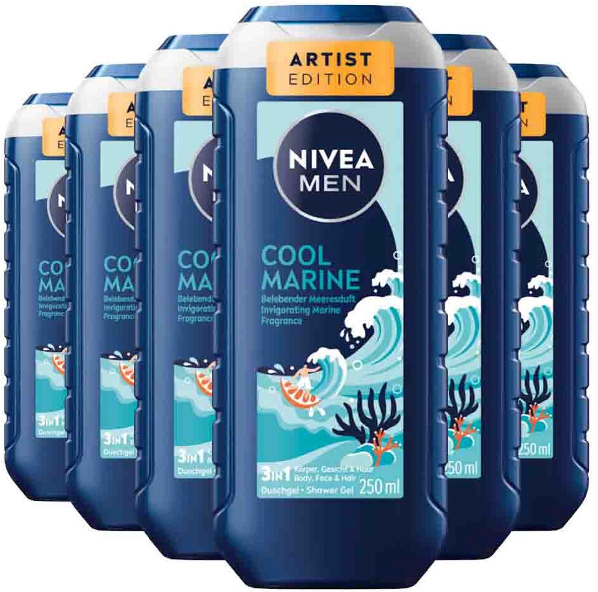 NIVEA Men Shampoo & Douchegel 3in1 Cool Marine - 6 x 250 ml - Voordeelverpakking