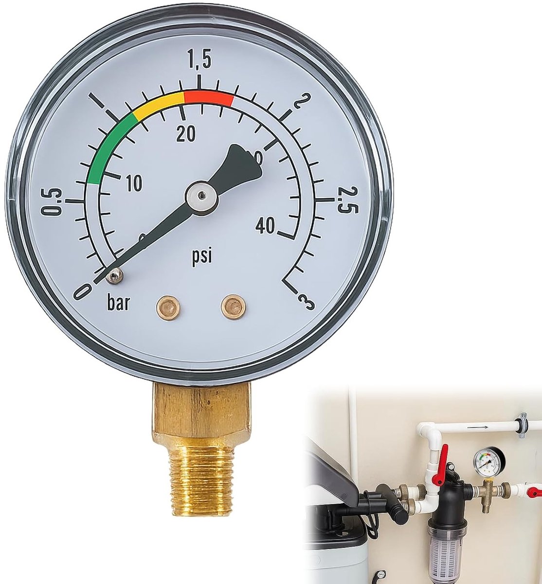 Waterdrukmeter voor Zwembad en Spa, 1/4 BSPT, Glycerine Gevuld, 53 mm, Ideaal voor Sandfilter en Waterbeheer