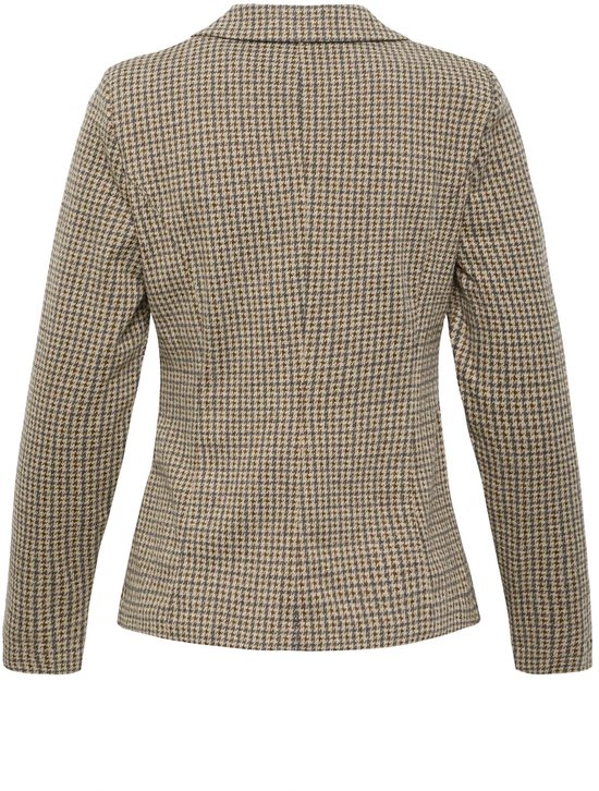 De achterkant van een beige ICHI damesblazer met een klassiek ruitpatroon.
