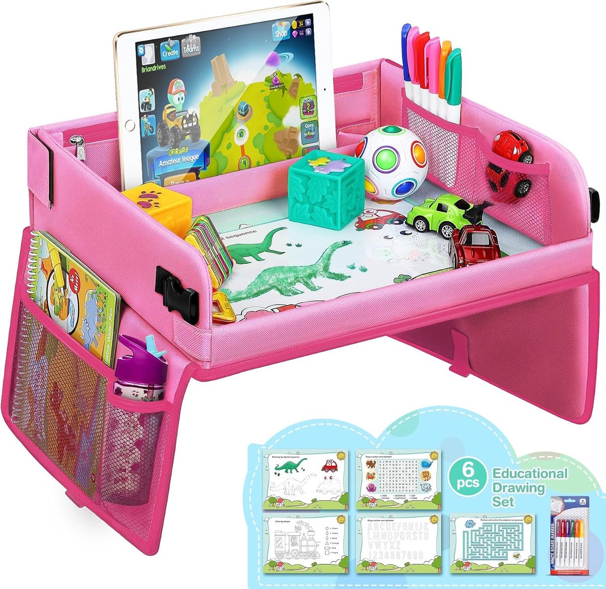 Reistafel - Roze - 40 x 32 x 10 cm - Multifunctioneel Activiteitenblad met Opbergvakken - Voor Peuters en Kinderen