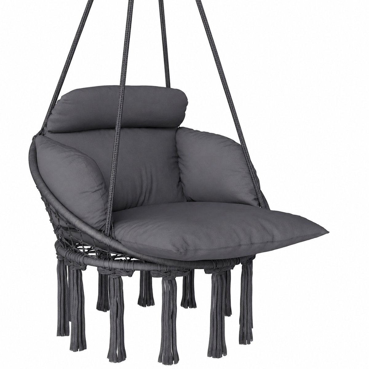 JOYNEXTBUY Hangstoel met Kussen – Hangmatstoel - Franjes – Inclusief Ophangset – Comfortabele Schommelstoel – 80× 60×40cm – Grijs