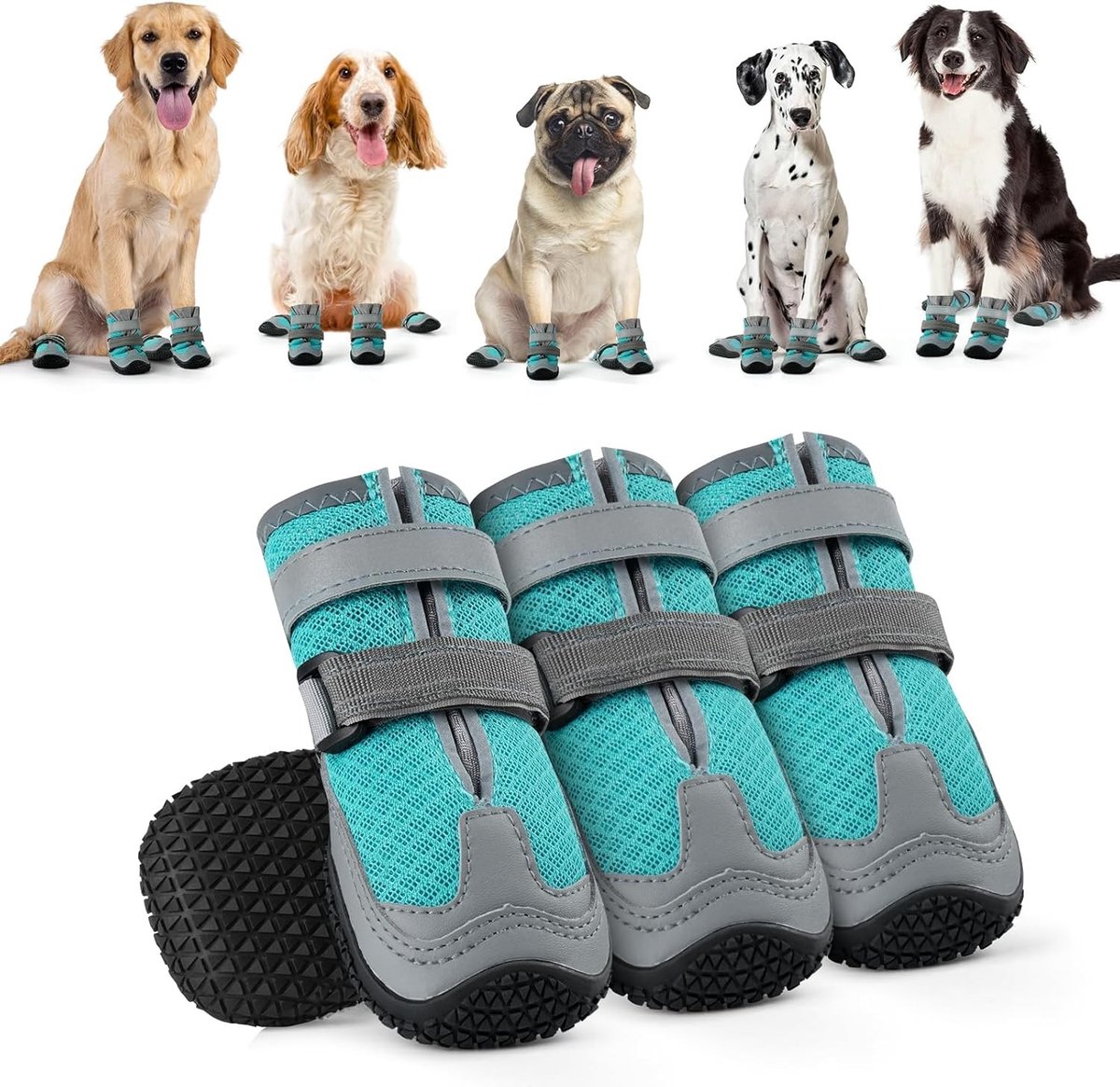 Ademend Mesh Hondenschoenen met Reflecterende Bandjes - 4 Pack, Slijtvaste Pootbescherming voor Kleine, Middelgrote en Grote Honden (L, Blauw)