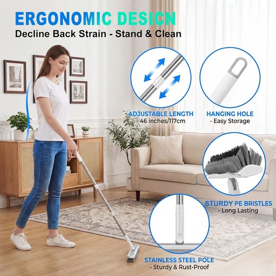 Voegenborstel met steel - Schrobber Tegels - Vloeren Reinigen - 3-in-1 Multifunctioneel - 117 cm - Wit — afbeelding 3
