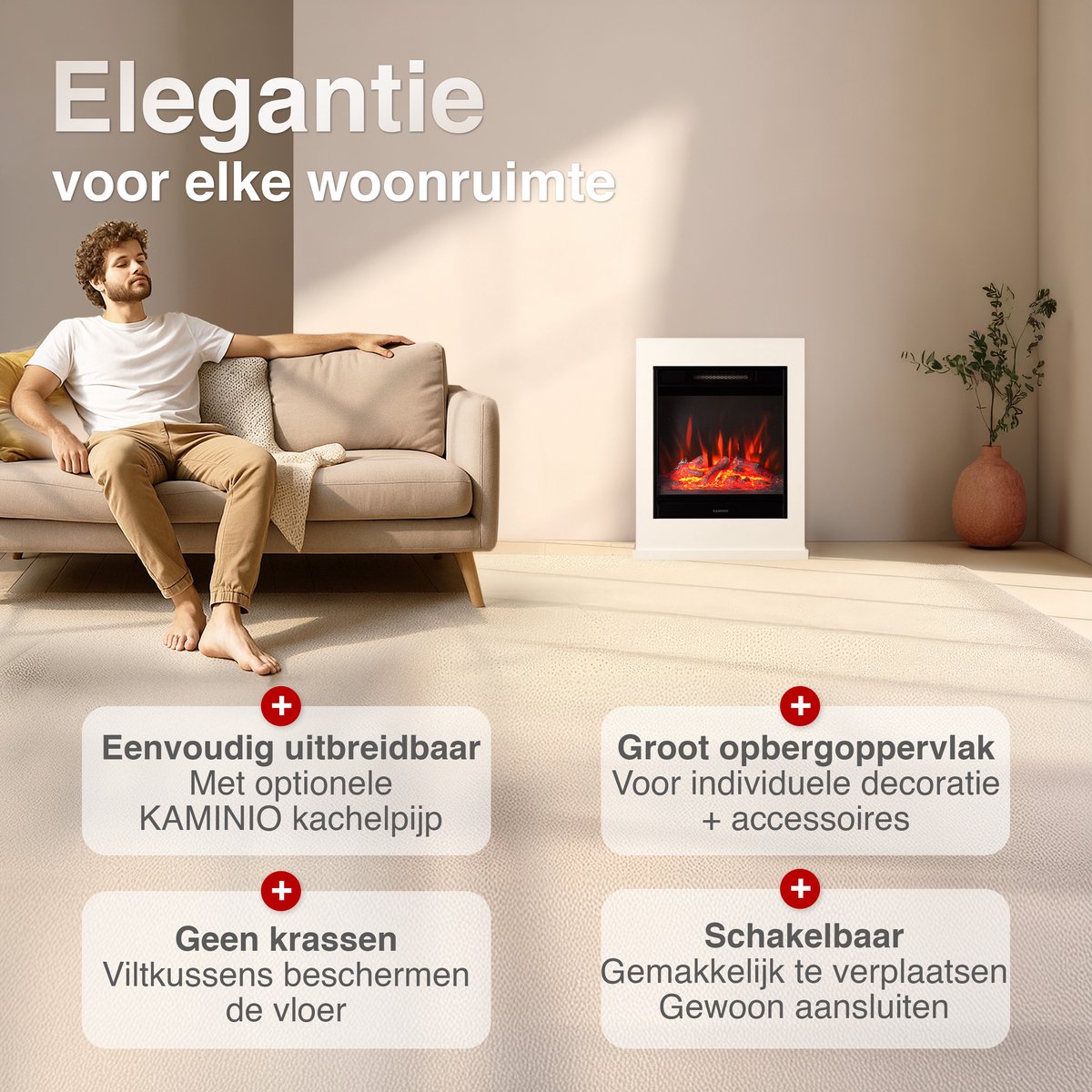 KAMINIO® Kalle elektrische haard met verwarming [elektrische haard wit] - Vrijstaande elektrische haard met verwarmingselement, 3D-vuureffect in 5 standen en afstandsbediening