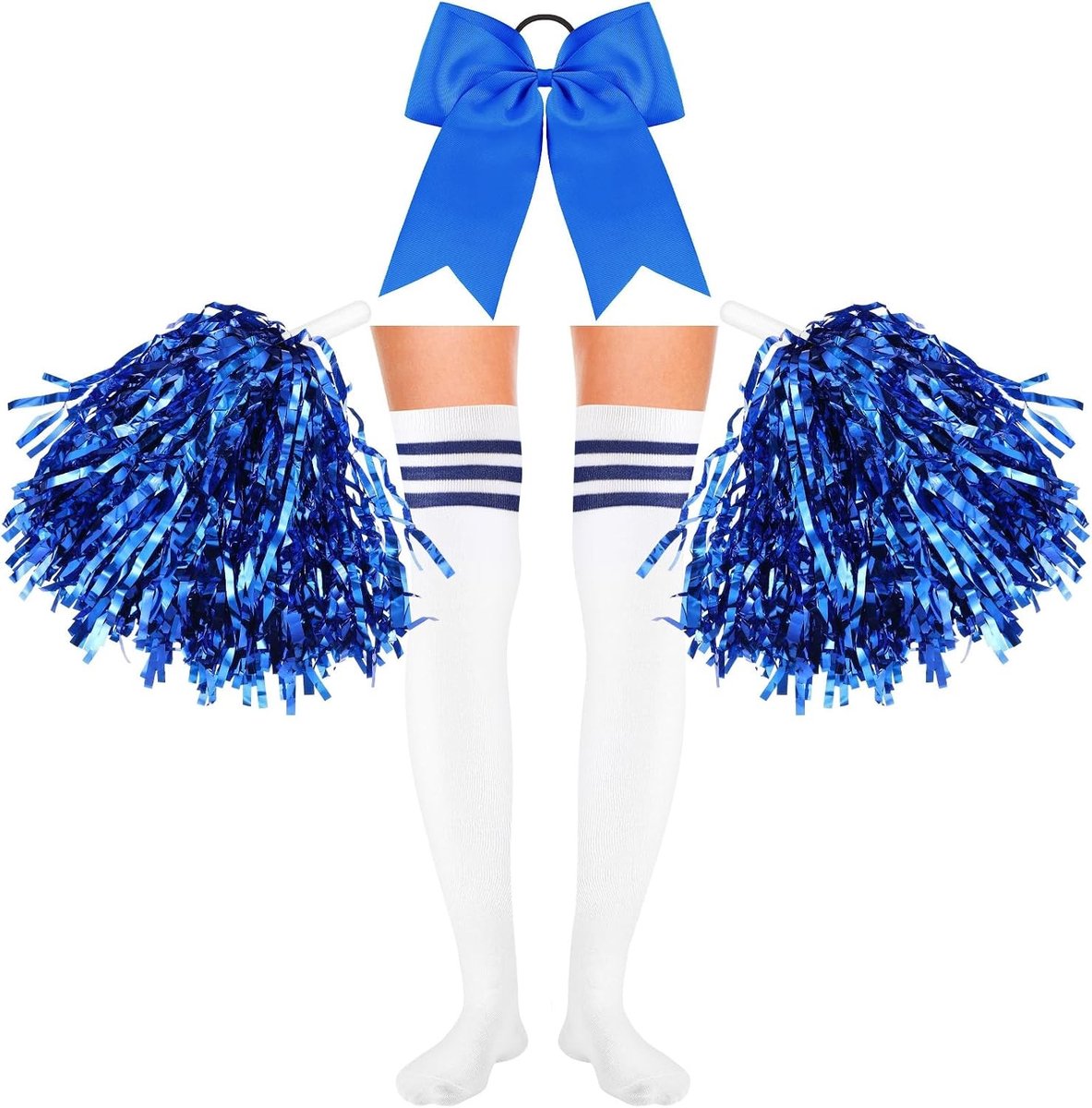 Cheerleader Kostuum Set met 2 Poms, Handbloemen, Haarstrik en Kousen voor Carnaval en Sportactiviteiten