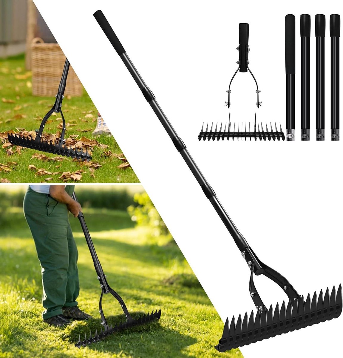 Verticuteerhark Metaal - Gazonhark Tuinhark - Gazon Onderhouden - Verstelbare Steel - 38 cm Breed - Metaal