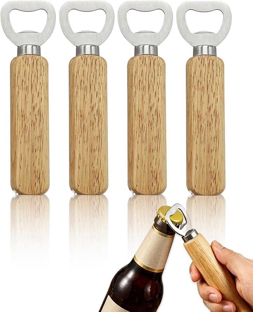 Flesopeners van Hout - Natuurkleur - 4 Stuks - Robuuste en Comfortabele Grip - Voor Mannen en Cadeaus