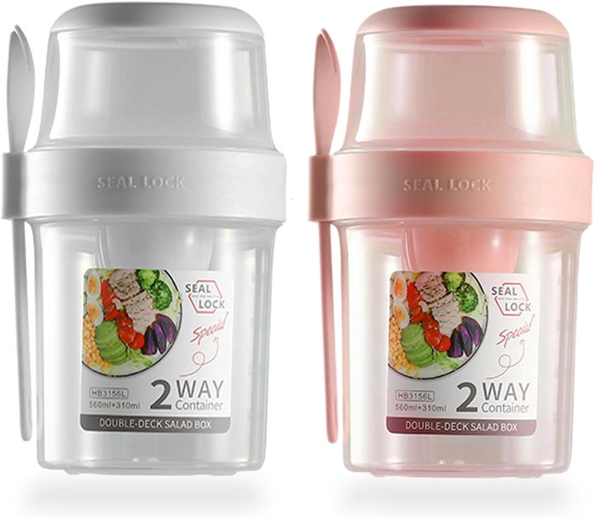 Yoghurt beker to go - Wit - 17,5 x 9,8 cm - Dubbellaagse PP Kunststof Maaltijdcontainer met Lepel - Voor Onderweg