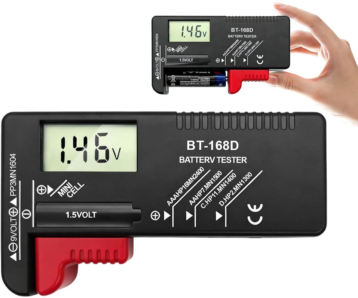Batterijtester - Zwart - Geschikt voor AA, AAA, C, D, 9V, 1,5V en knoopcel - Digitaal display - Universeel voor thuisgebruik