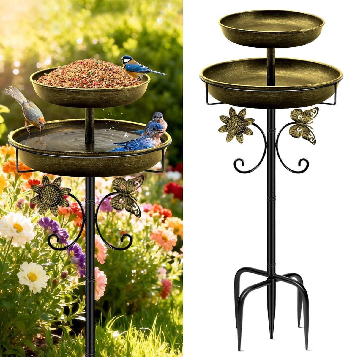 Staande vogelbad voor buiten, 2-in-1 metalen vogelbekken, antiek goud, winterbestendig, ideaal voor tuin en vogels, waterschaal en voerplaats